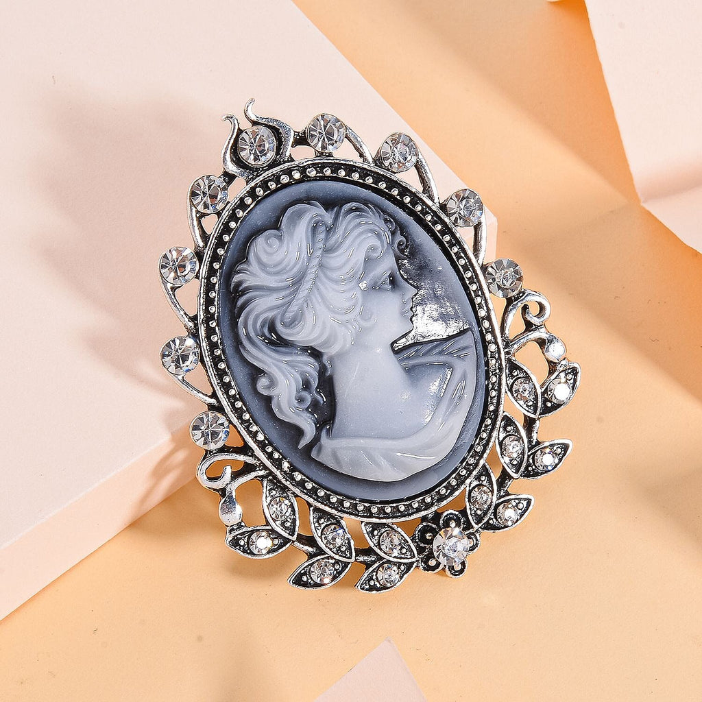 White Austrian Crystal Cameo Brooch in Antique Silver Tone
