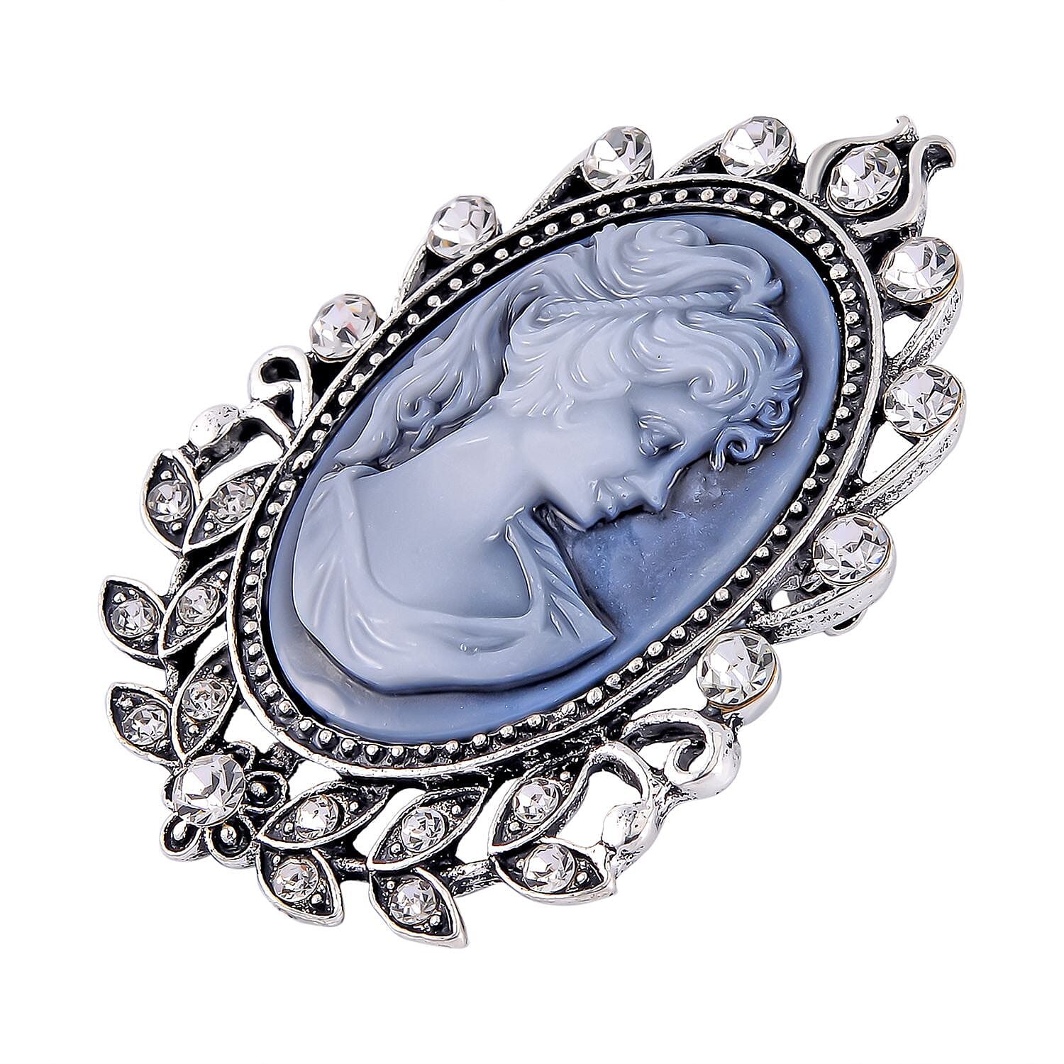 White Austrian Crystal Cameo Brooch in Antique Silver Tone 7639721 3