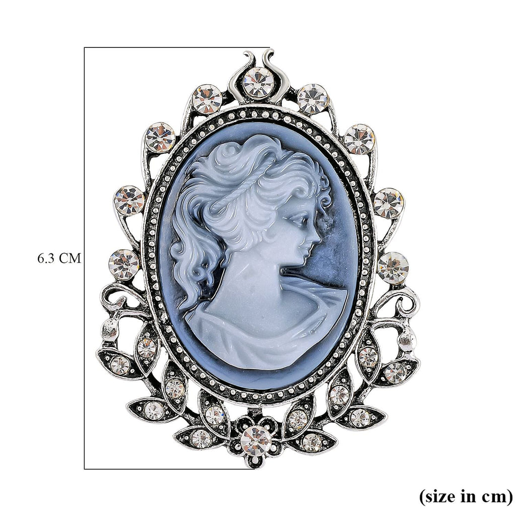 White Austrian Crystal Cameo Brooch in Antique Silver Tone