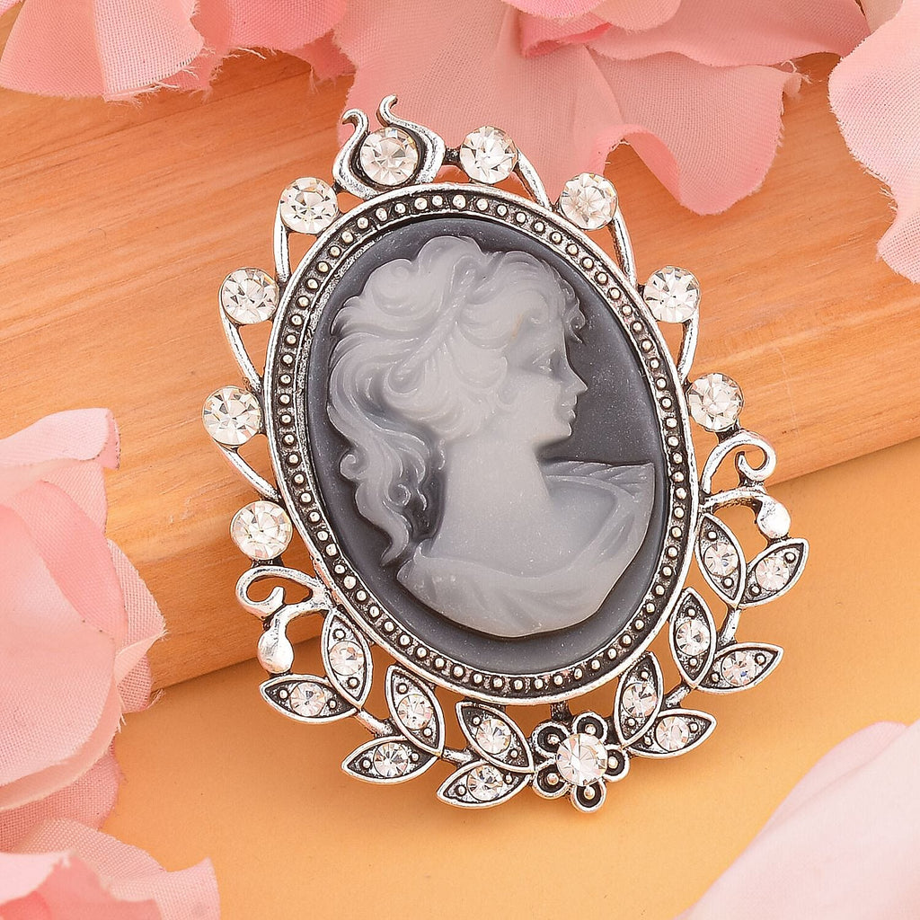 Cameo & White Austrian Crystal Brooch in Antique Silver Tone 10.0 Ct