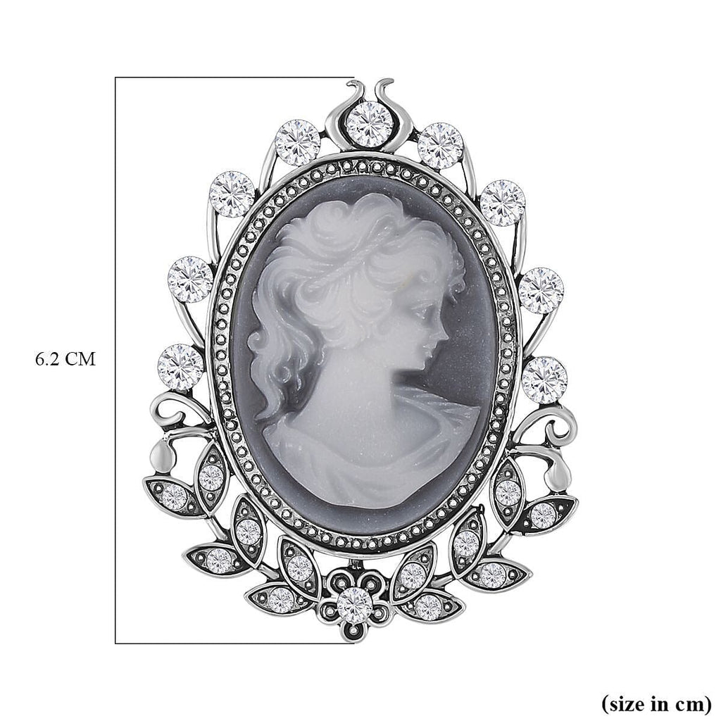 Cameo & White Austrian Crystal Brooch in Antique Silver Tone 10.0 Ct