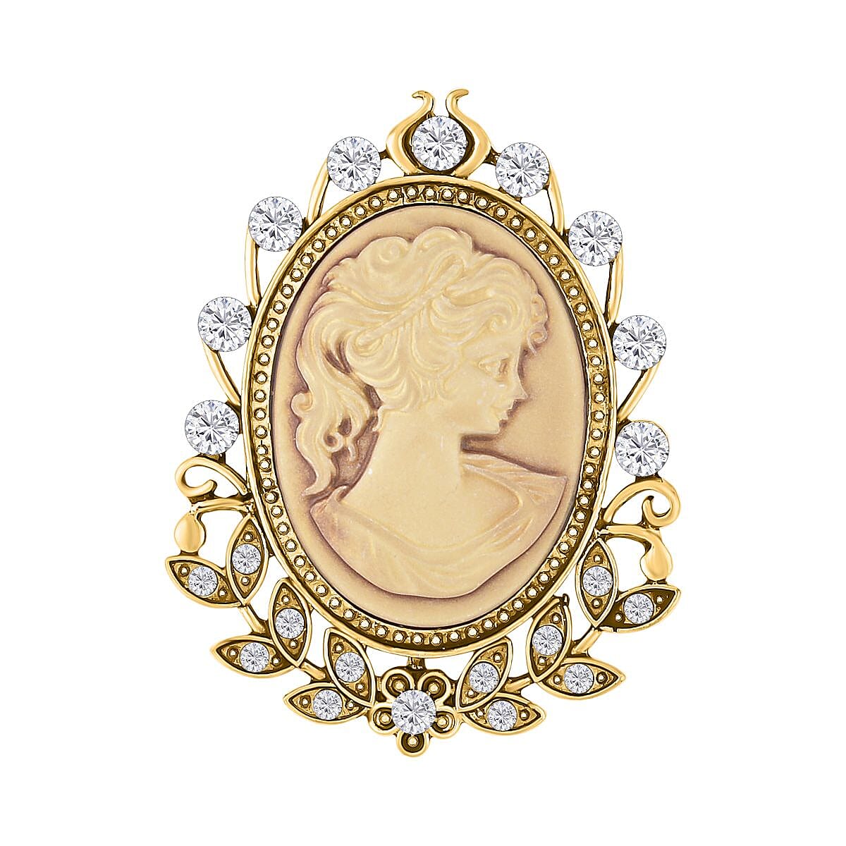 Brown Cameo &amp; White Crystal Brooch in Yellow Gold Tone 10.01 Ct. 7490612 0