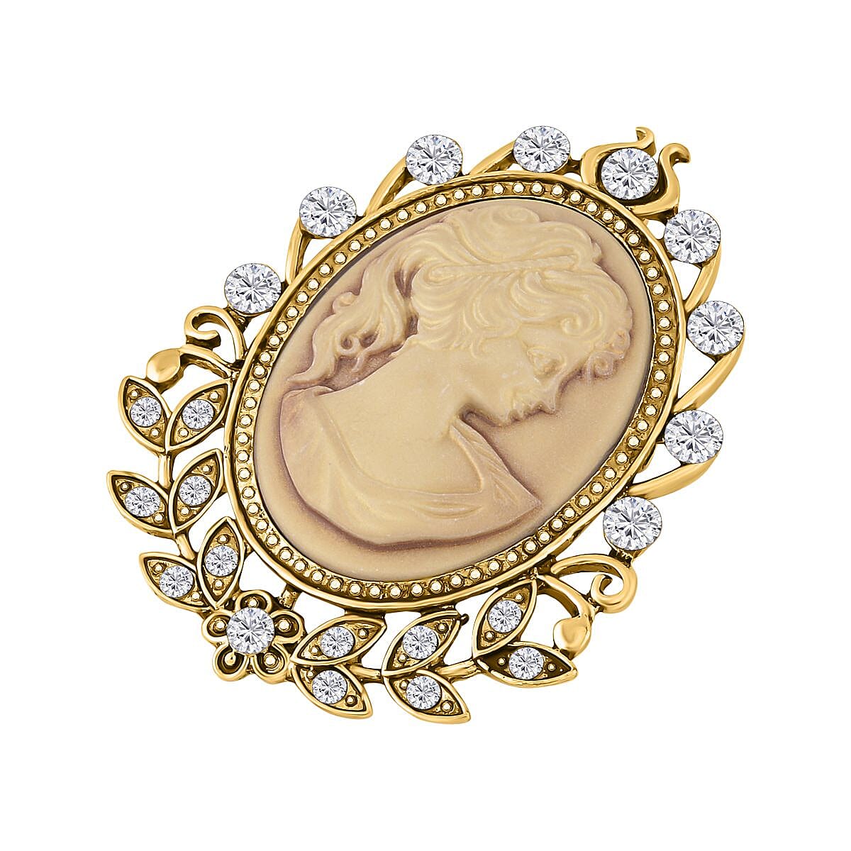 Brown Cameo &amp; White Crystal Brooch in Yellow Gold Tone 10.01 Ct. 7490612 3