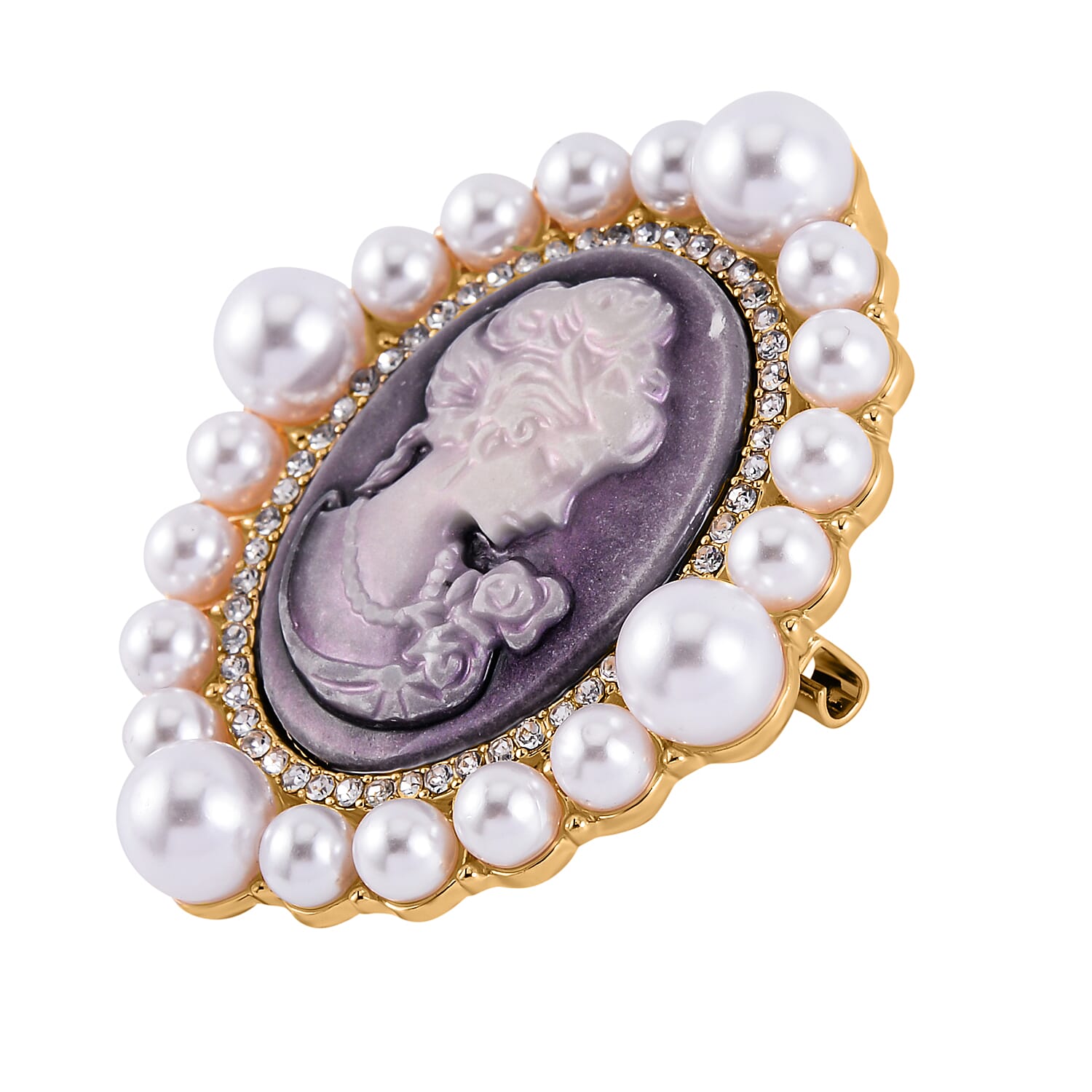 Vintage Cameo Brooch with Pearls and Crystals in Gold Tone 7639824 3
