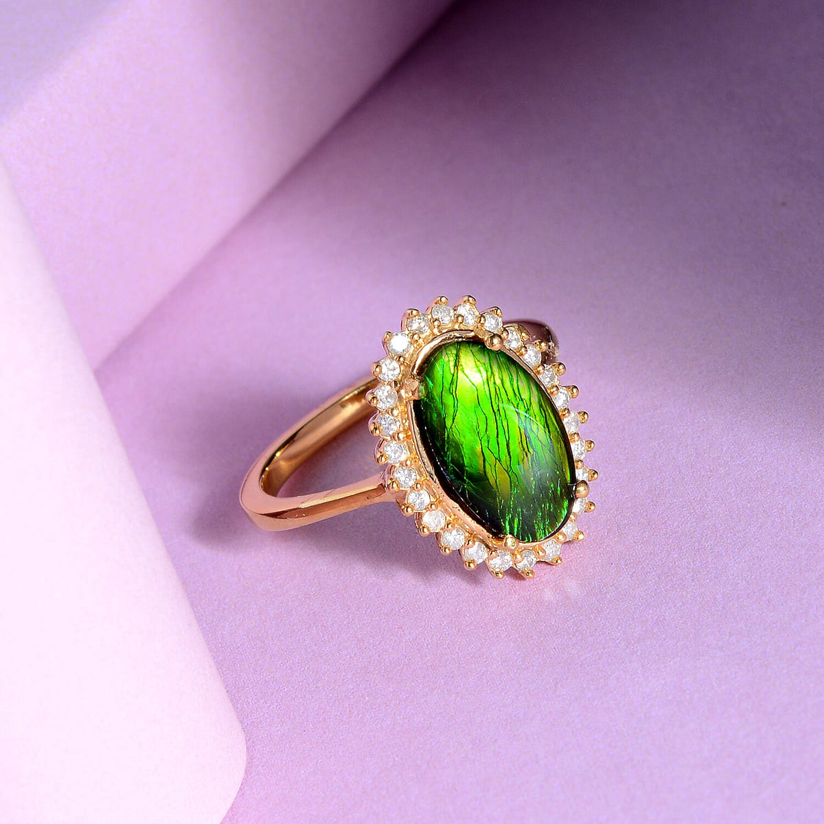 Canadian Ammolite (Ovl 12x7mm) and Diamond Ring in 14K Gold Overlay Sterling Silver 2.410 Ct. 7335582 3
