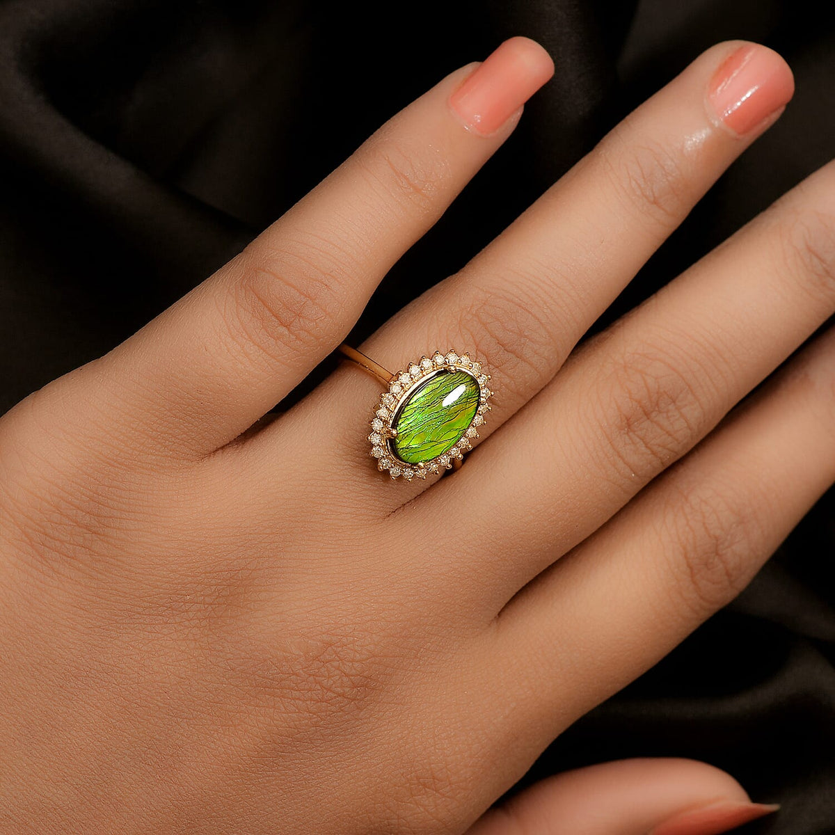 Canadian Ammolite (Ovl 12x7mm) and Diamond Ring in 14K Gold Overlay Sterling Silver 2.410 Ct. 7335582 5
