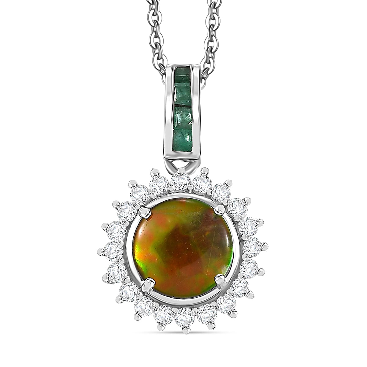 Extreme Rare Find - Canadian Ammolite with Emerald &amp; White Zircon Solitaire Pendant with Chain (Size - 20) in Rhodium Overlay Sterling Silver 2.61 Ct 4336419 0