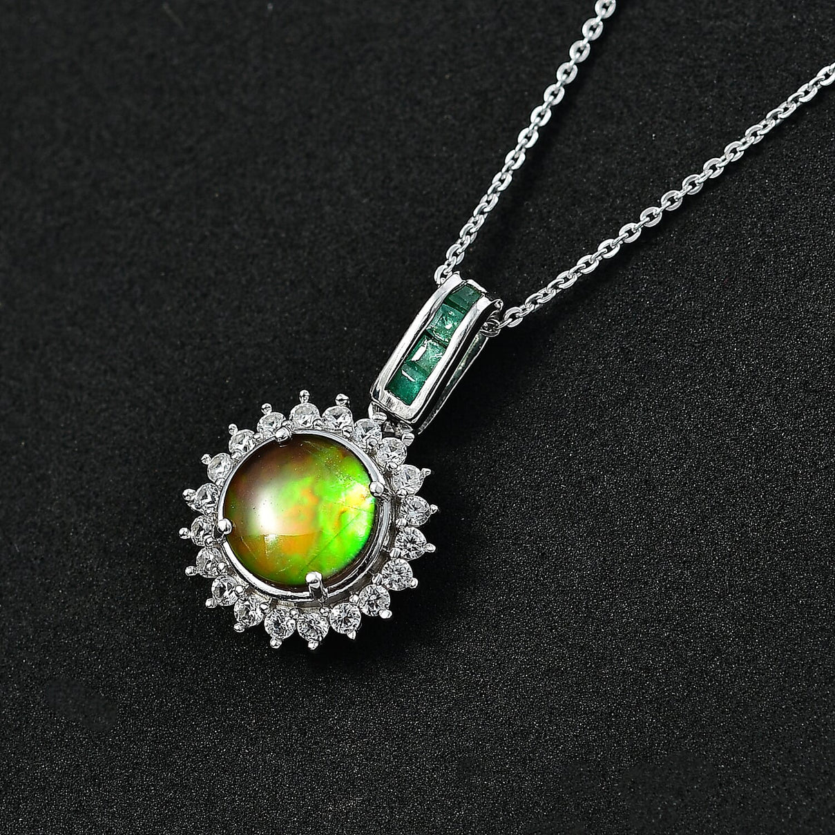 Extreme Rare Find - Canadian Ammolite with Emerald &amp; White Zircon Solitaire Pendant with Chain (Size - 20) in Rhodium Overlay Sterling Silver 2.61 Ct 4336419 3