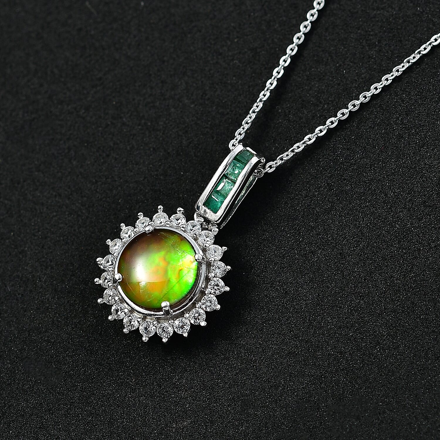 Extreme Rare Find - Canadian Ammolite with Emerald &amp; White Zircon Solitaire Pendant with Chain (Size - 20) in Rhodium Overlay Sterling Silver 2.61 Ct 4336419 3