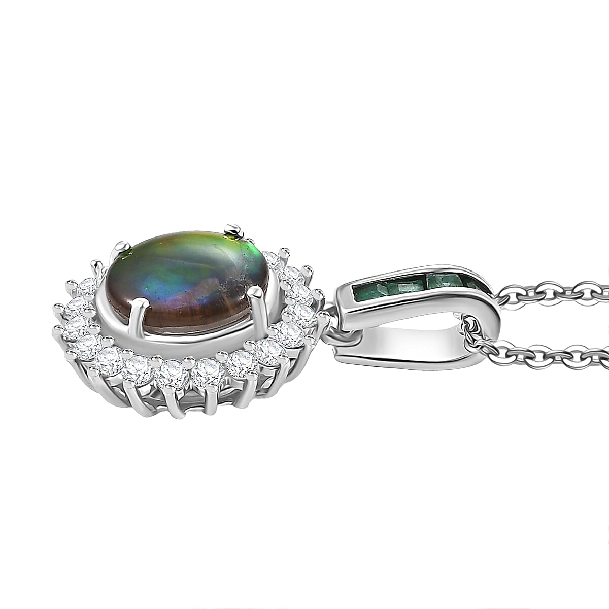 Extreme Rare Find - Canadian Ammolite with Emerald &amp; White Zircon Solitaire Pendant with Chain (Size - 20) in Rhodium Overlay Sterling Silver 2.61 Ct 4336419 4