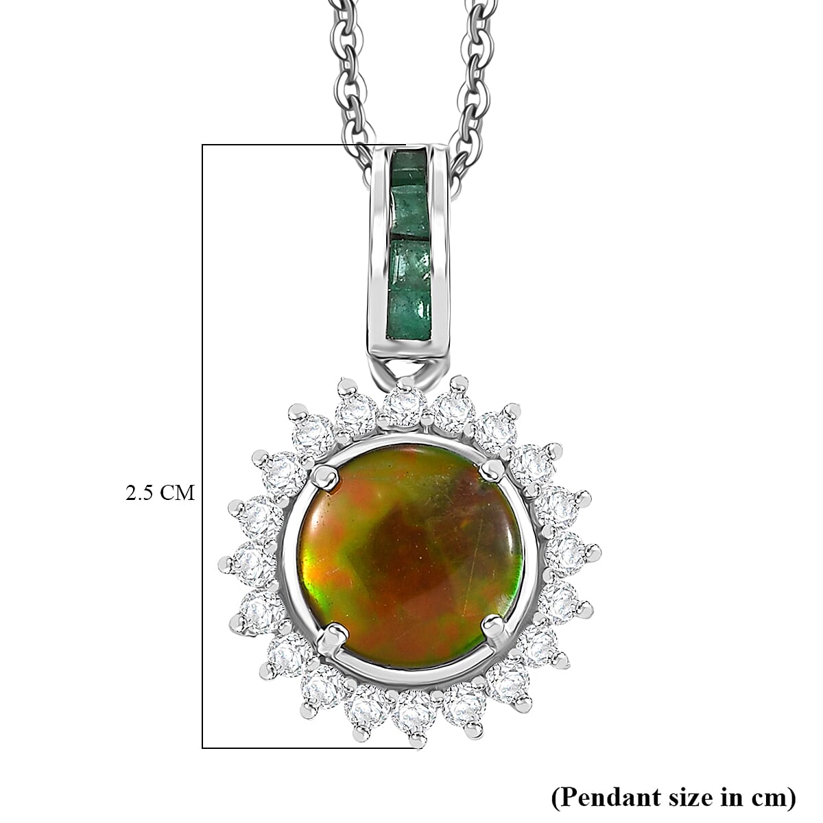 Extreme Rare Find - Canadian Ammolite with Emerald &amp; White Zircon Solitaire Pendant with Chain (Size - 20) in Rhodium Overlay Sterling Silver 2.61 Ct 4336419 6