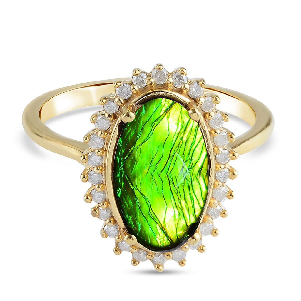 Canadian Ammolite (Ovl 12x7mm) and Diamond Ring in 14K Gold Overlay Sterling Silver 2.410 Ct.