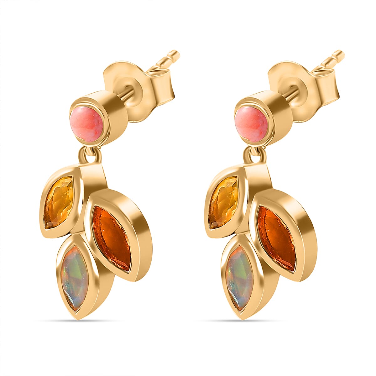 Canary Opal, Peach Opal Dangling Leaf Earrings in 18K Yellow Gold Vermeil Sterling Plated Silver 1.16  Ct. 7859097 6
