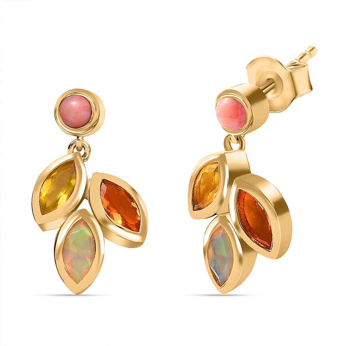 Canary Opal, Peach Opal Dangling Leaf Earrings in 18K Yellow Gold Vermeil Sterling Plated Silver 1.16  Ct. 7859097 1
