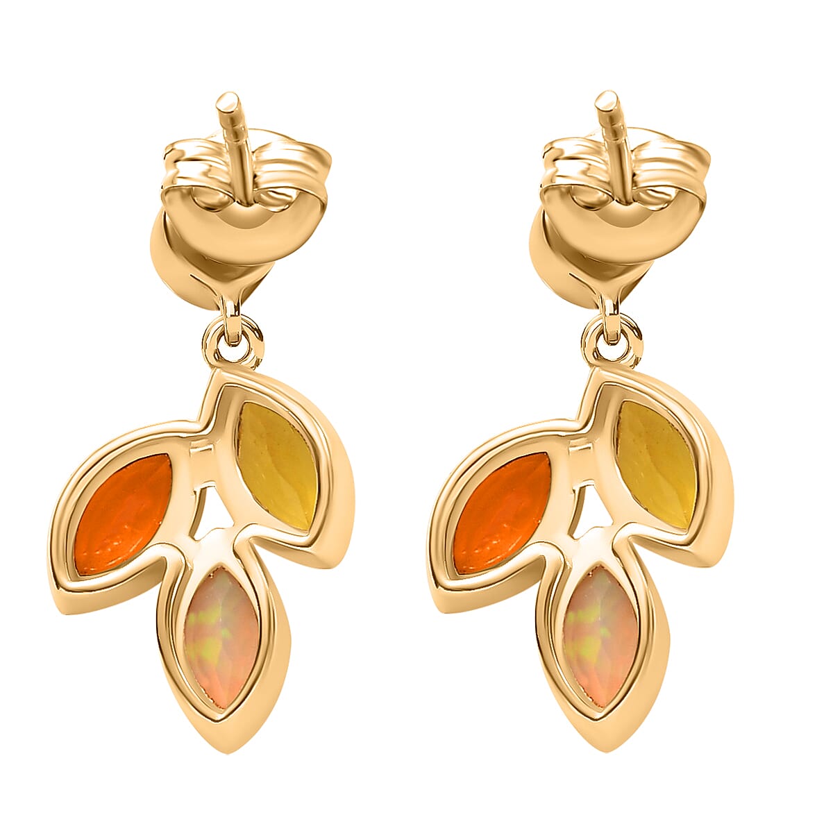 Canary Opal, Peach Opal Dangling Leaf Earrings in 18K Yellow Gold Vermeil Sterling Plated Silver 1.16  Ct. 7859097 11