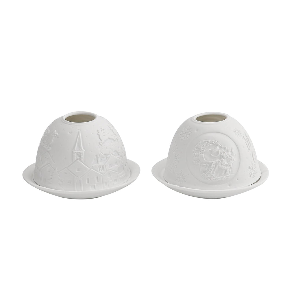 Set of 2 Santa Claus - Village with Flying Sleigh Pattern Porcelain Candle Holder With LED Light - White
