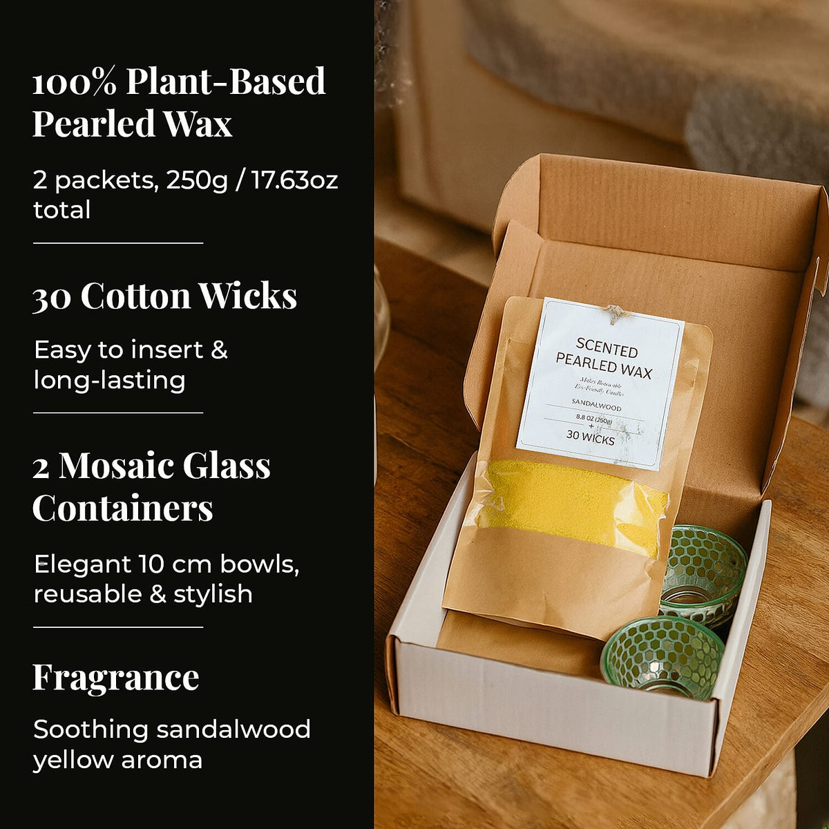 Candle Making Kit - 100% Plant-Based Pearled Wax, 30 Wicks, 2 Mosaic Bowls &amp; Sandalwood Fragrance 4391576 3