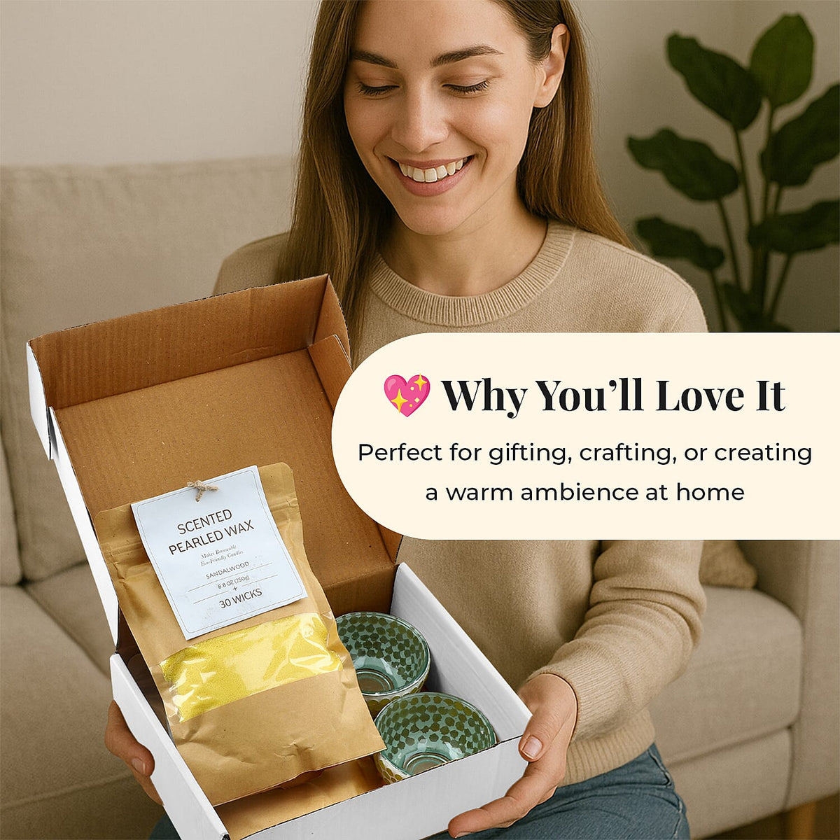 Candle Making Kit - 100% Plant-Based Pearled Wax, 30 Wicks, 2 Mosaic Bowls &amp; Sandalwood Fragrance 4391576 4