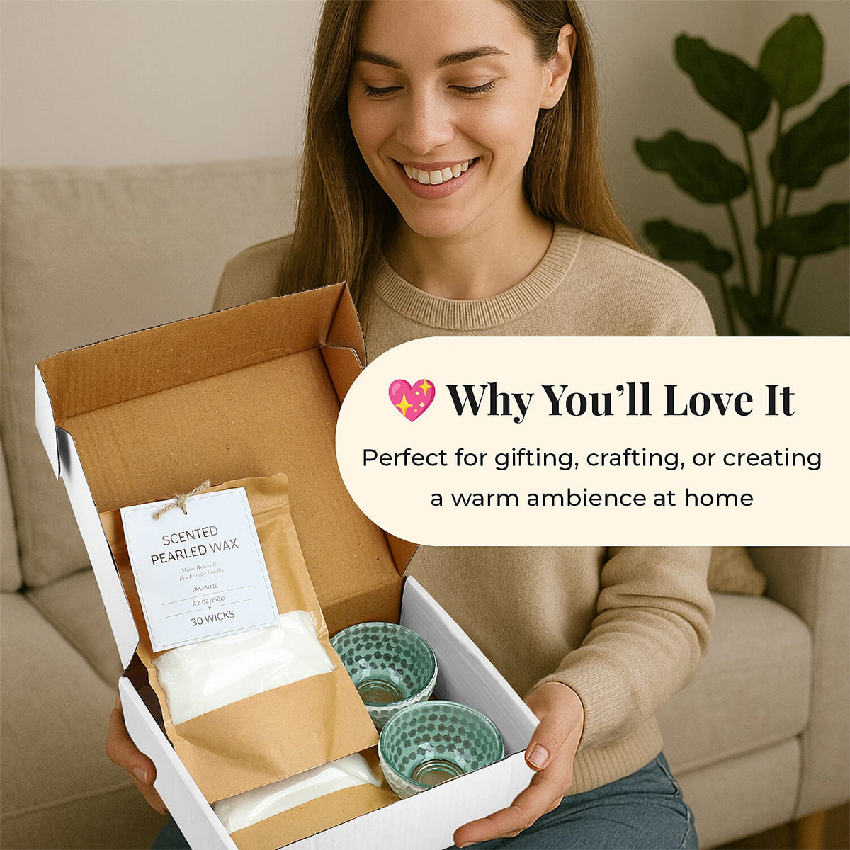 Candle Making Kit - 100% Plant-Based Pearled Wax, 30 Wicks, 2 Mosaic Bowls &amp; Jasmine Fragrance 4391609 3