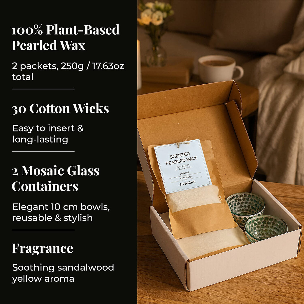 Candle Making Kit - 100% Plant-Based Pearled Wax, 30 Wicks, 2 Mosaic Bowls &amp; Jasmine Fragrance 4391609 4