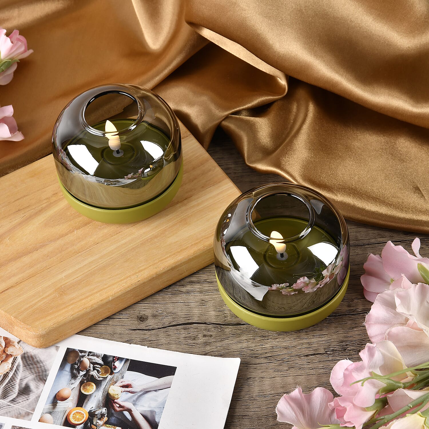 Set of 2 LED Tealight Candles Smoke Grey &amp; Green 7862078 2