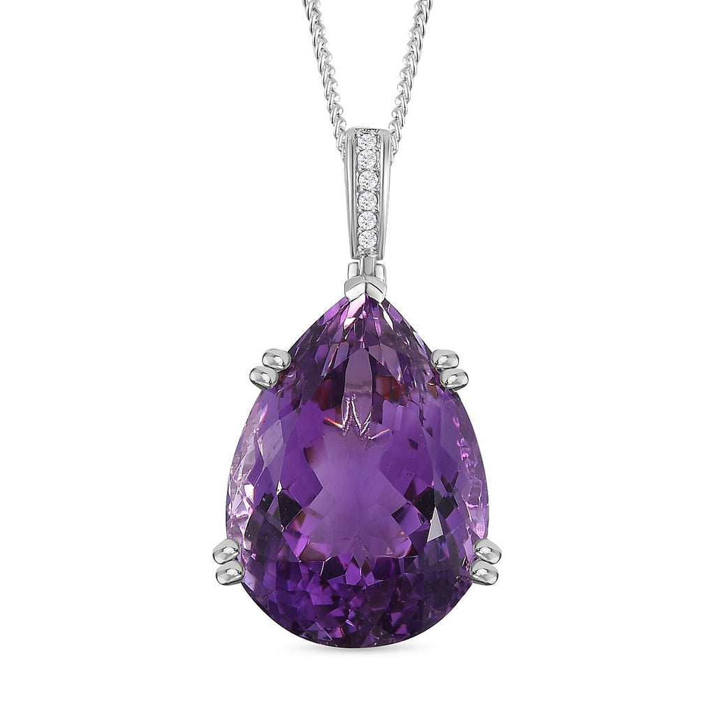 Rare Find - Amethyst Solitaire Pendant with Natural Zircon and Chain(Size 20) in Platinum Overlay Sterling Silver 50.10 Ct, Silver Wt 12.50 Gms