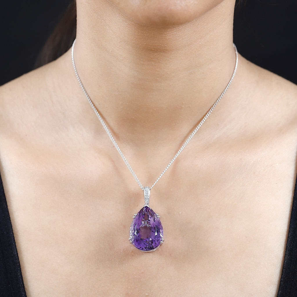 Rare Find - Amethyst Solitaire Pendant with Natural Zircon and Chain(Size 20) in Platinum Overlay Sterling Silver 50.10 Ct, Silver Wt 12.50 Gms