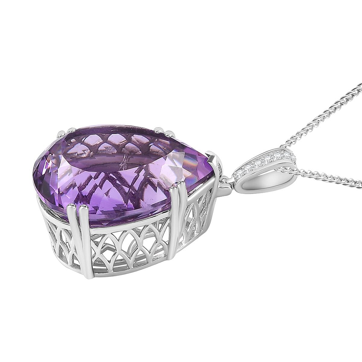 Rare Find - Amethyst Solitaire Pendant with Natural Zircon and Chain(Size 20) in Platinum Overlay Sterling Silver 4261596 3