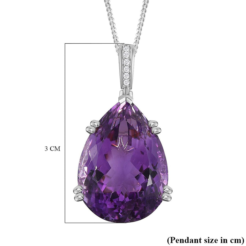 Rare Find - Amethyst Solitaire Pendant with Natural Zircon and Chain(Size 20) in Platinum Overlay Sterling Silver 50.10 Ct, Silver Wt 12.50 Gms