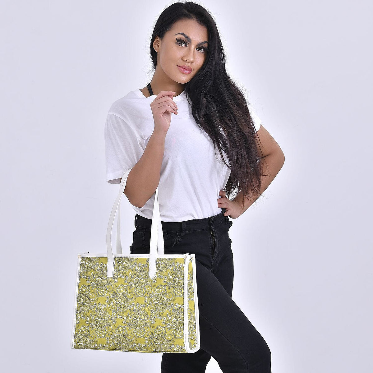 Designer Closeout- Fully Lined Jacquard Canvas Tote Bag with Zipper Closure and Handles - Yellow 7283246 2