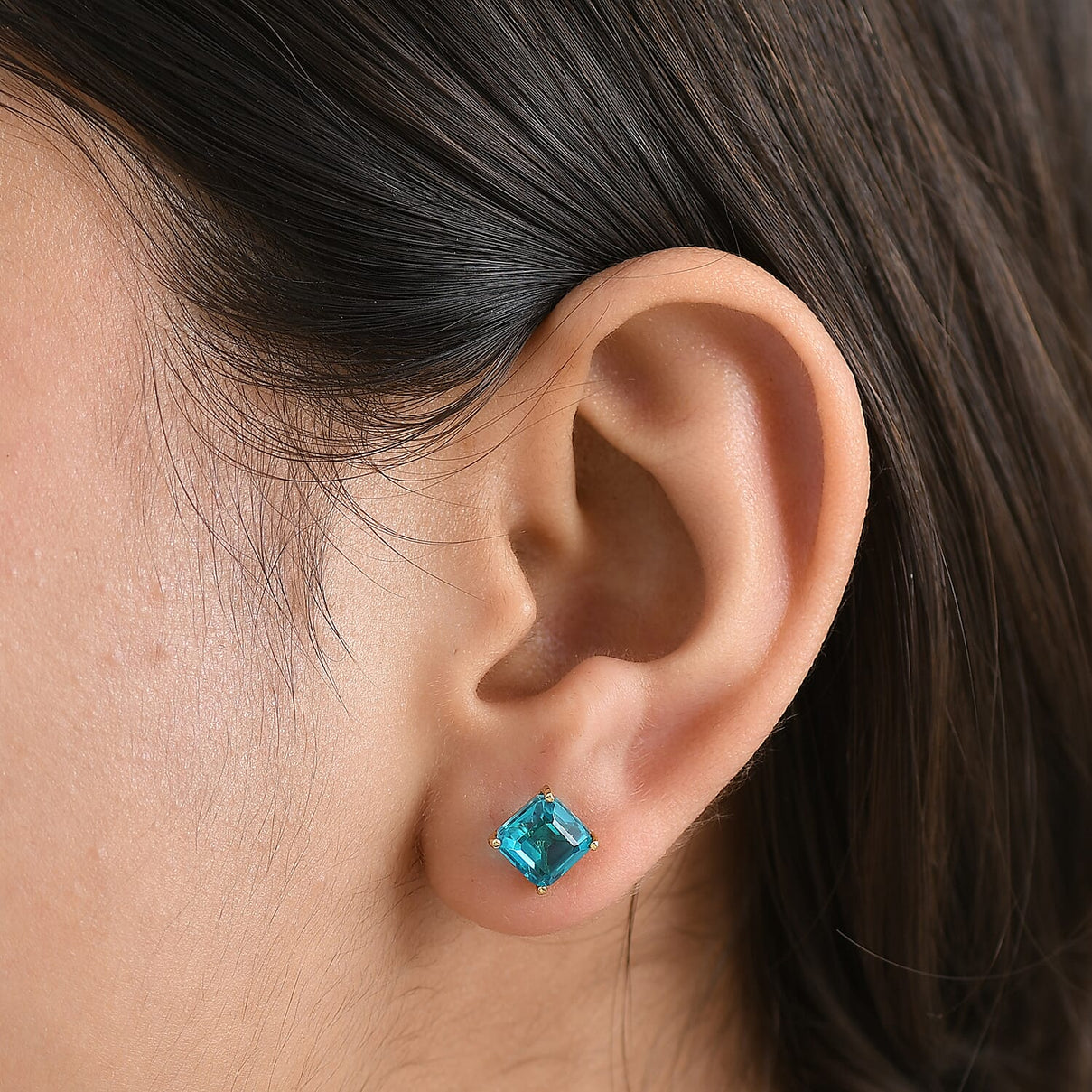 Capri Blue Triplet Quartz Solitaire Stud Push Post Earring in Yellow Gold Plated Sterling Silver 3.91 Ct. 8478485 2