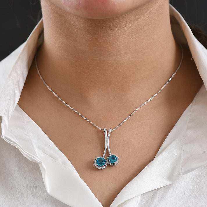Capri Blue Triplet Quartz, White Zircon Pendant with Chain (Size 20) in Platinum Overlay Sterling Silver 3.15 Ct. 4454967 2