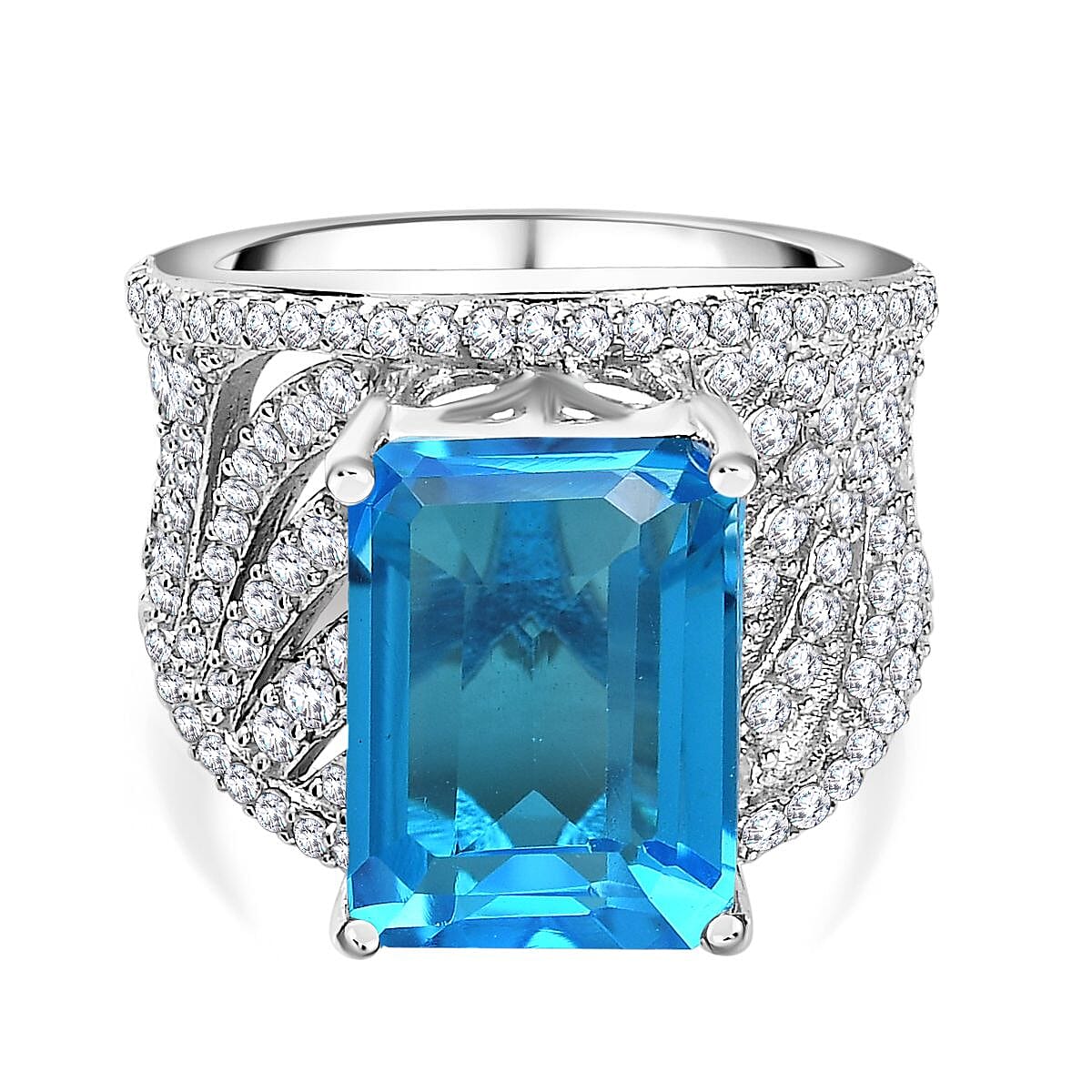 Carribean Quartz &amp; Natural Zircon Ring in Platinum Overlay Sterling Silver 9.81 Ct, Silver Wt. 7.48 Gms 7712254 0