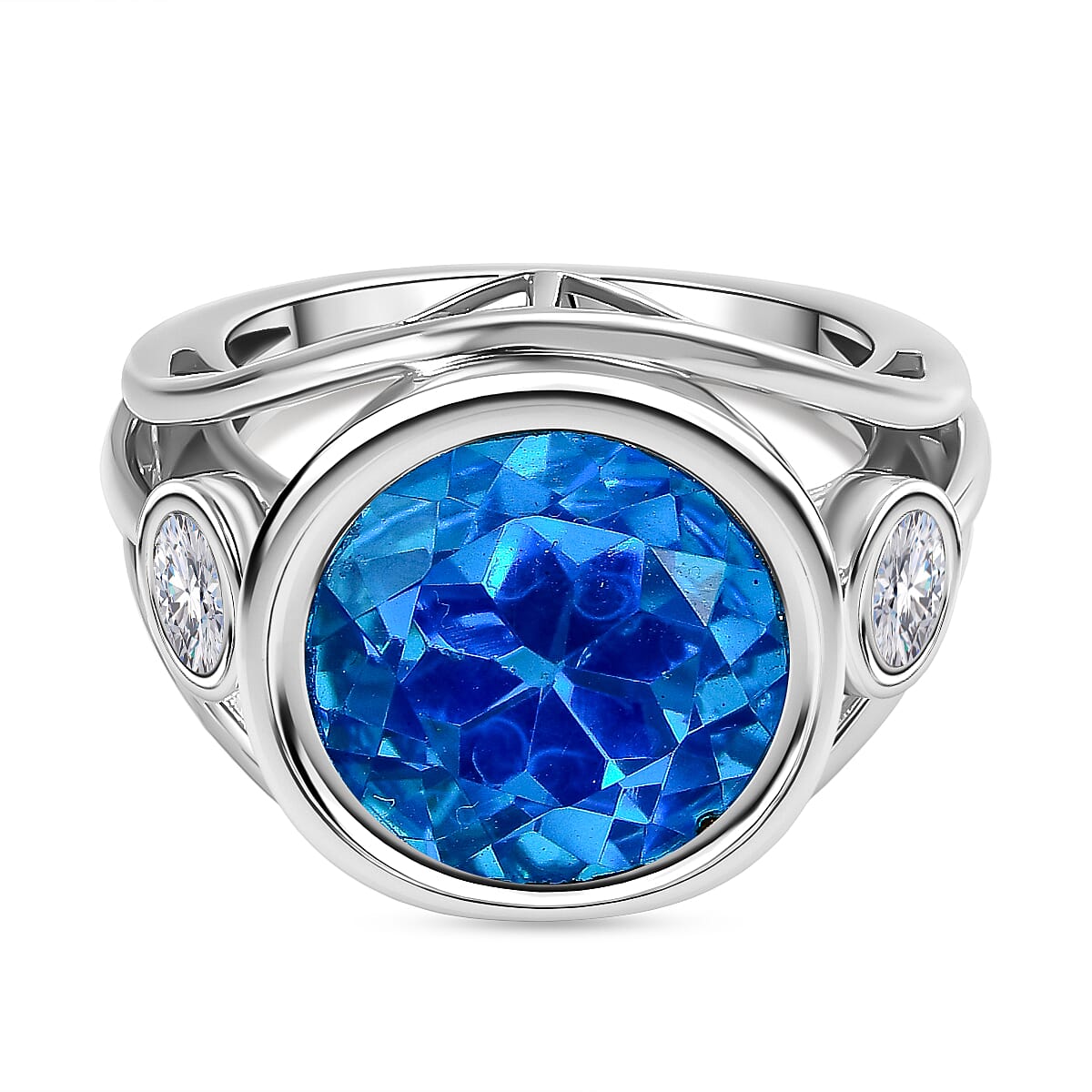 Carribean Quartz &amp; Natural Zircon 3 Stone Ring in Platinum Overlay Sterling Silver 8.00 Ct, Silver Wt. 5.41 Gms 7722047 0