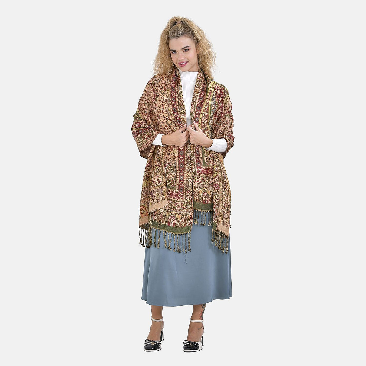 Cashew Fringed Scarf (One Size 180x70 cm) - Green &amp; Red 7617362 1