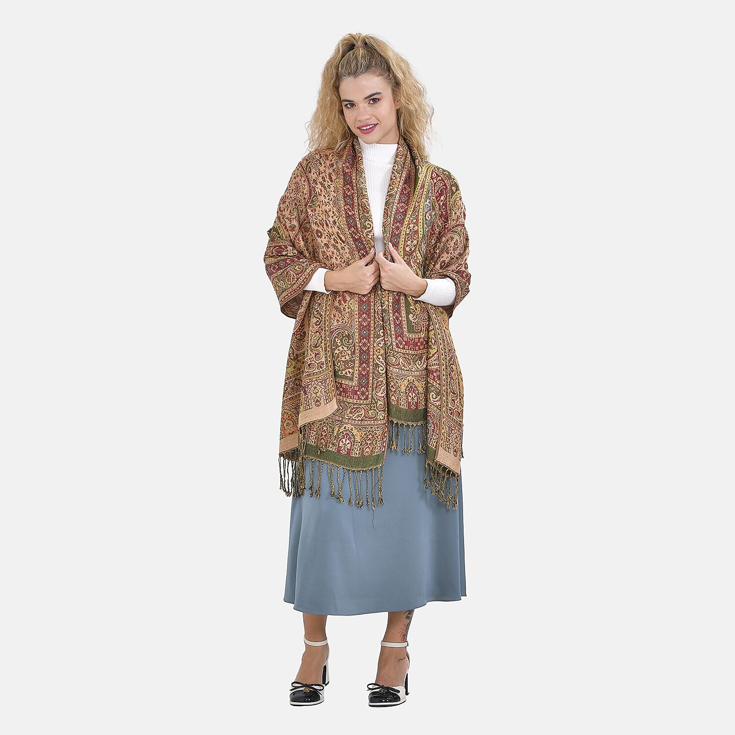 Cashew Fringed Scarf (One Size 180x70 cm) - Green &amp; Red 7617362 1