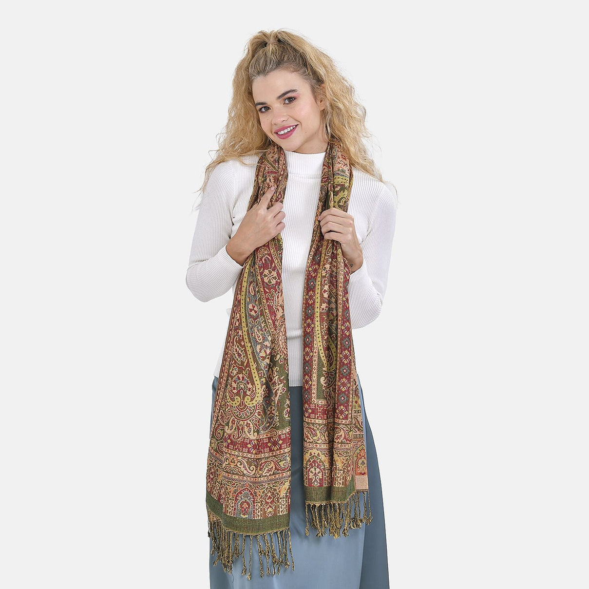 Cashew Fringed Scarf (One Size 180x70 cm) - Green &amp; Red 7617362 2