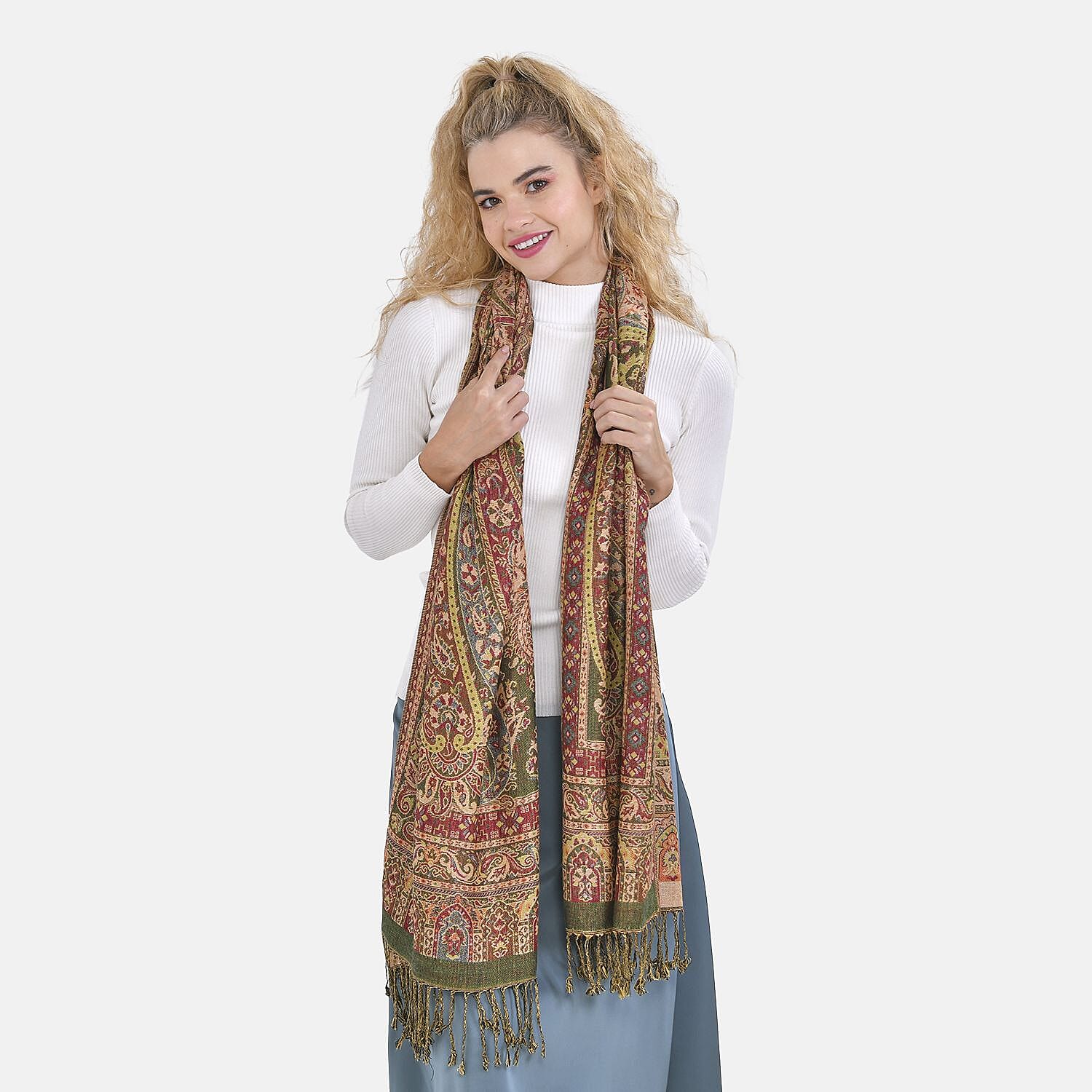 Cashew Fringed Scarf (One Size 180x70 cm) - Green &amp; Red 7617362 2