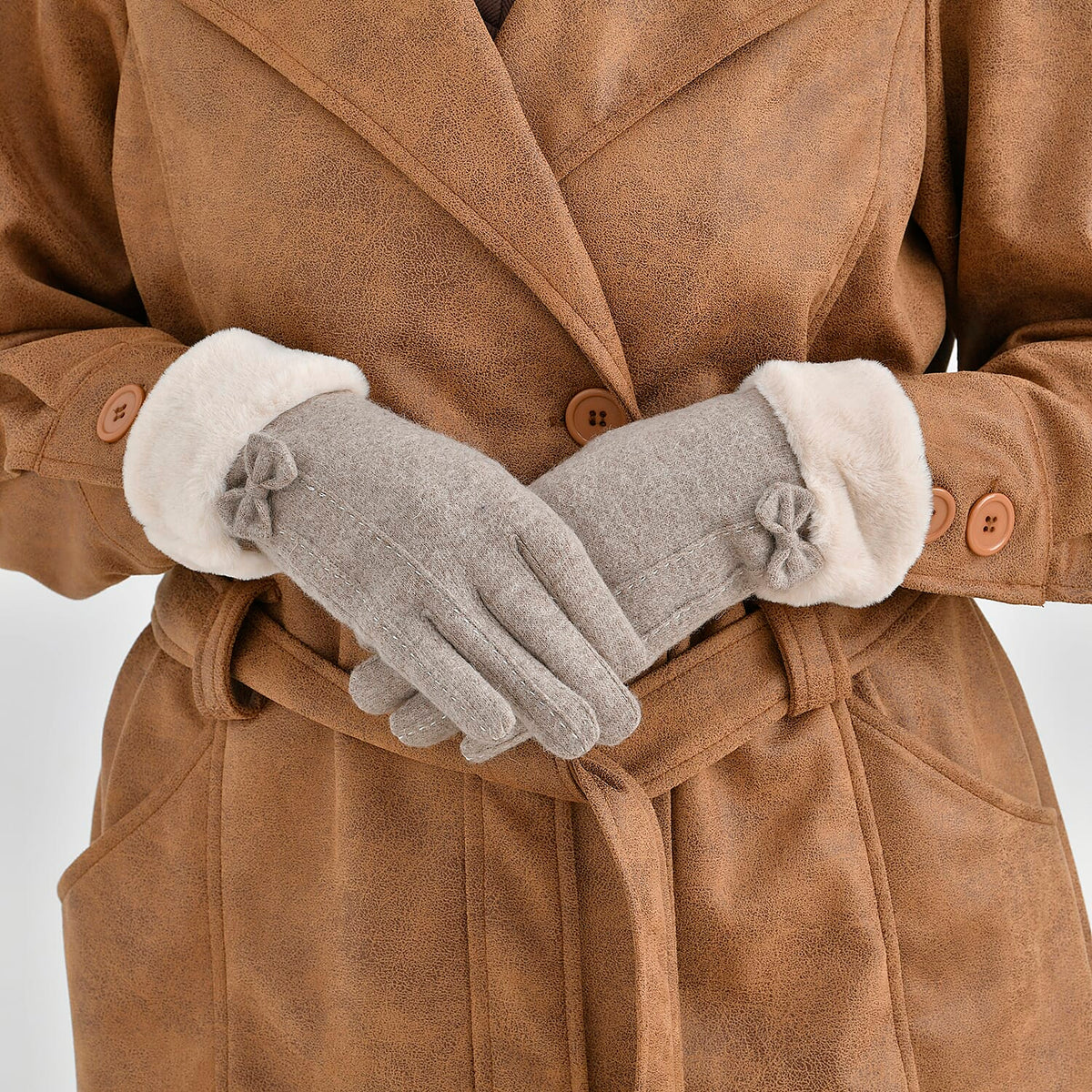Cashmere-Blend Winter Gloves with Faux Fur Trim and Bow Detail - Touchscreen Friendly V32521203 3