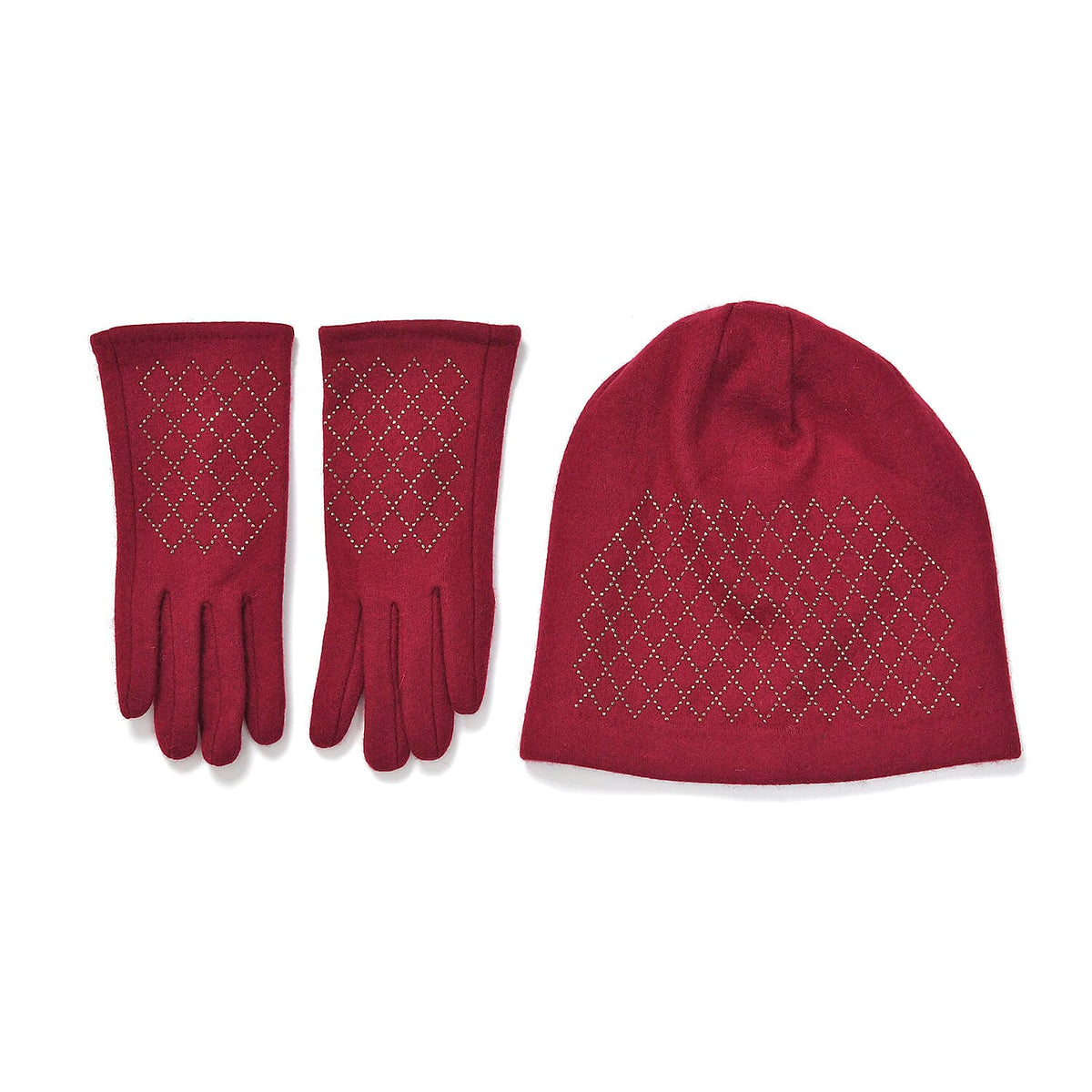 Closeout Deal - 2 Piece Set -Cashmere Diamond Pattern Hat and Gloves-  Burgundy V32603049 0