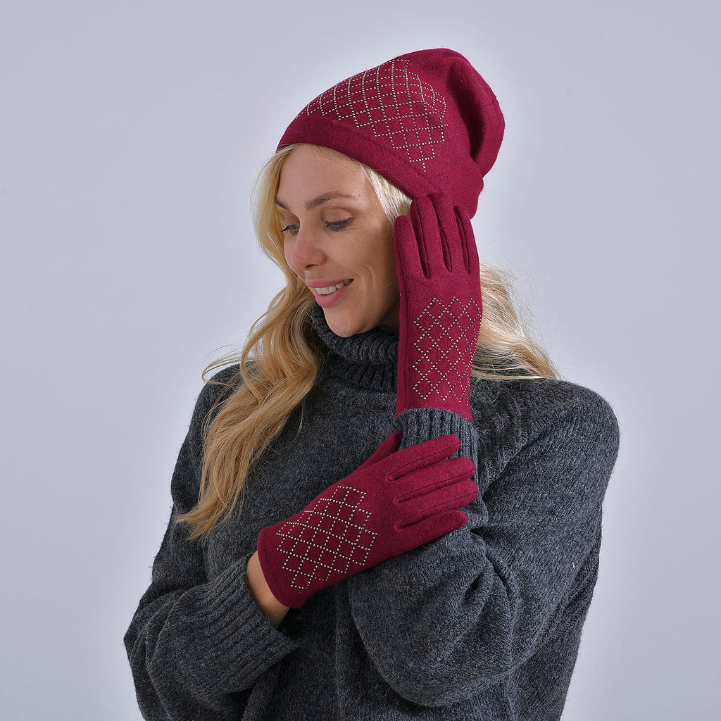 Closeout Deal - 2 Piece Set -Cashmere Diamond Pattern Hat and Gloves-  Burgundy