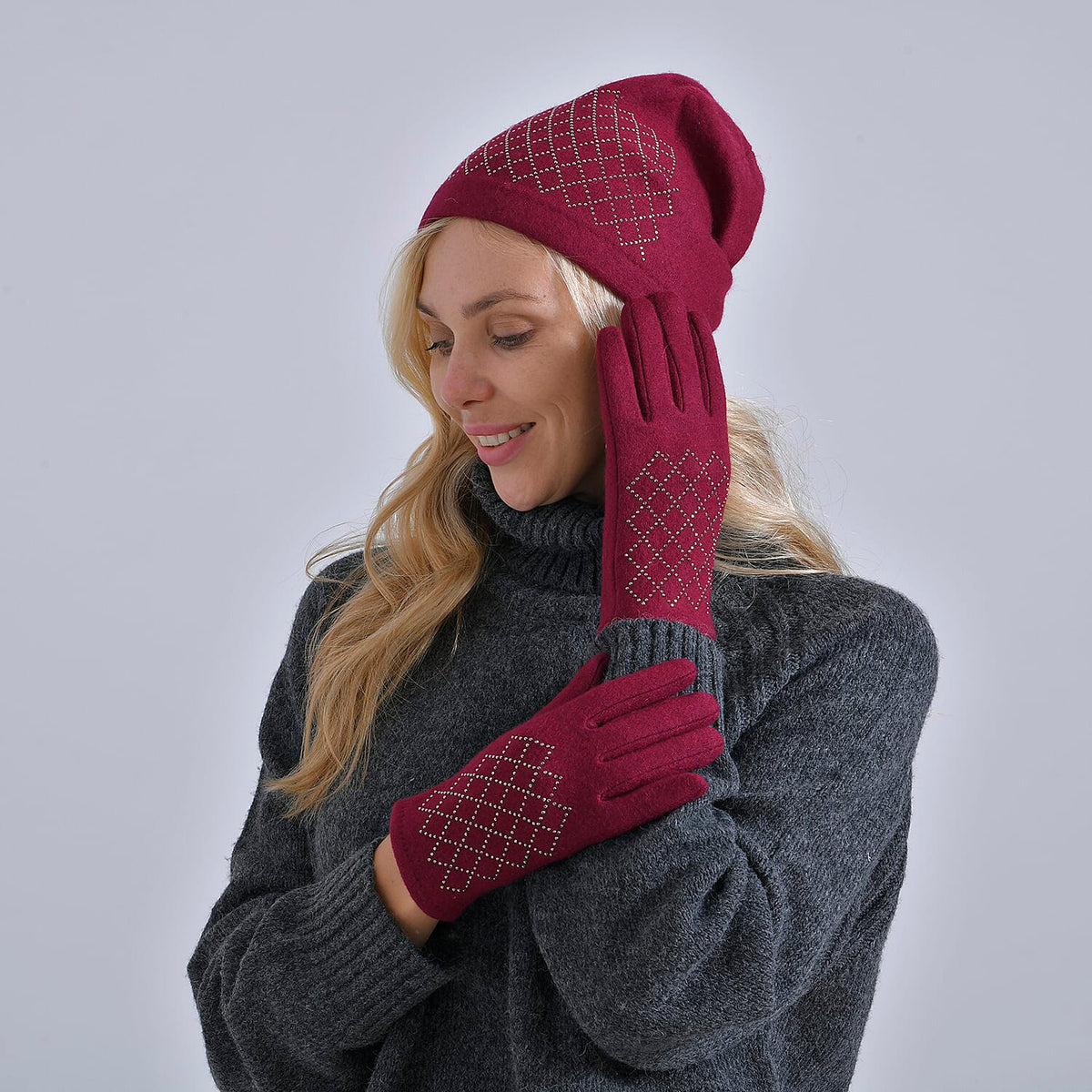 Closeout Deal - 2 Piece Set -Cashmere Diamond Pattern Hat and Gloves-  Burgundy V32603049 2
