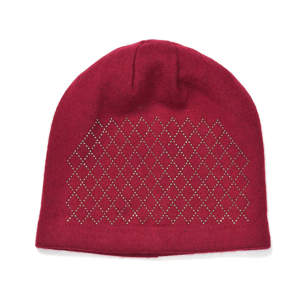 Closeout Deal - 2 Piece Set -Cashmere Diamond Pattern Hat and Gloves-  Burgundy