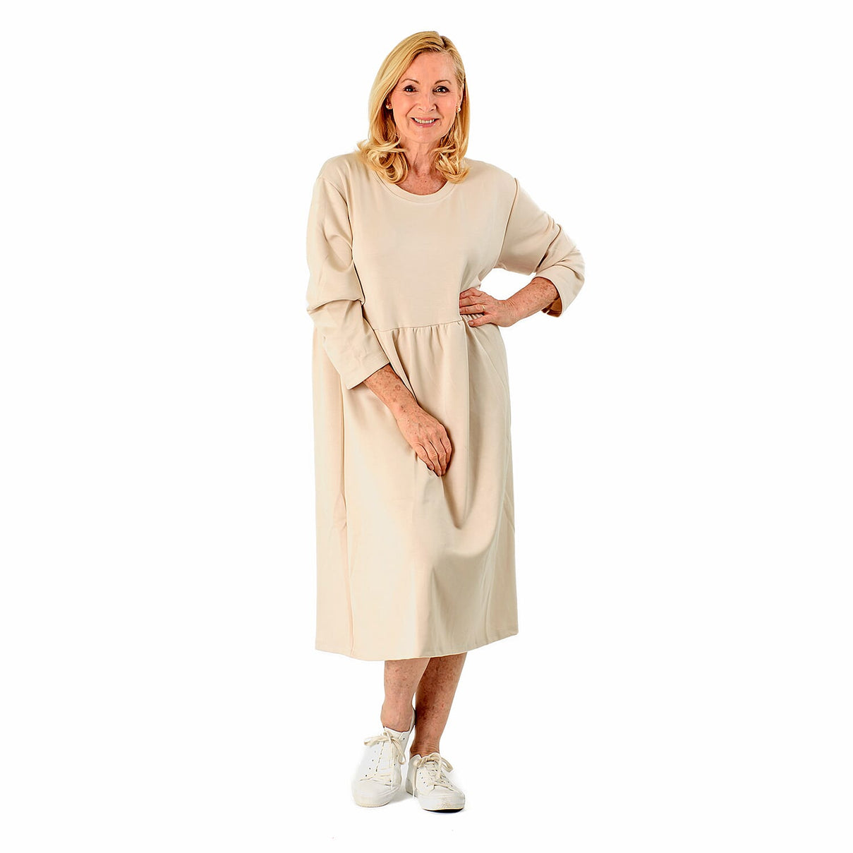 Casual Long Sleeve Sweat Smock Dress (Size - One Size 8-20) - Stone 8097718 0