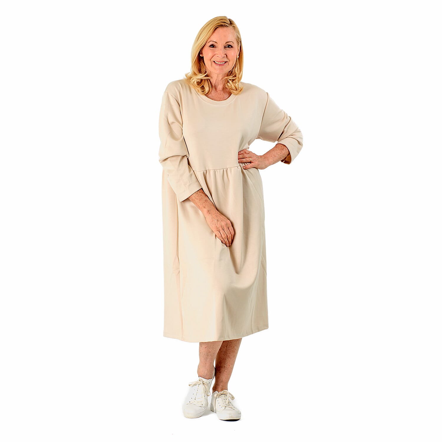 Casual Long Sleeve Sweat Smock Dress (Size - One Size 8-20) - Stone 8097718 0