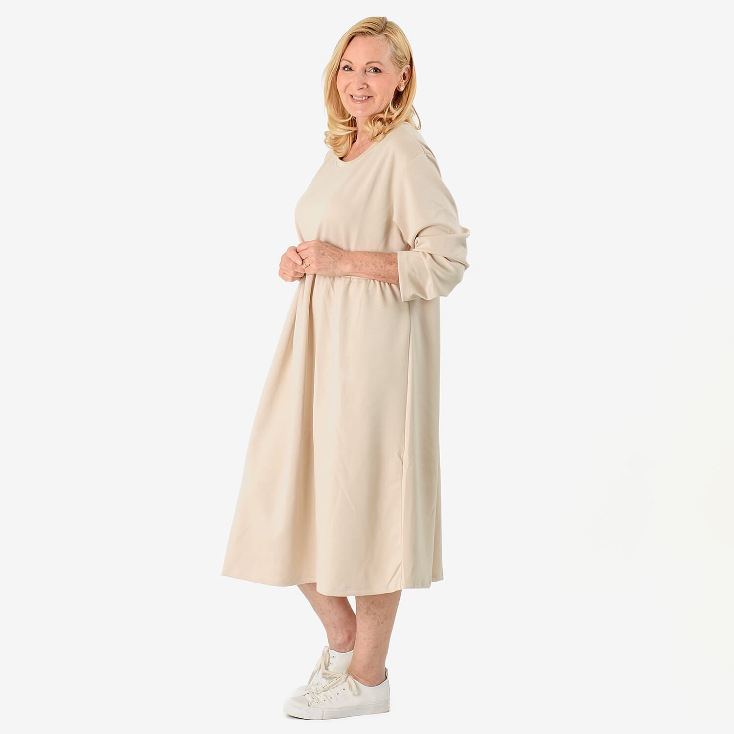 Casual Long Sleeve Sweat Smock Dress (Size - One Size 8-20) - Stone 8097718 3
