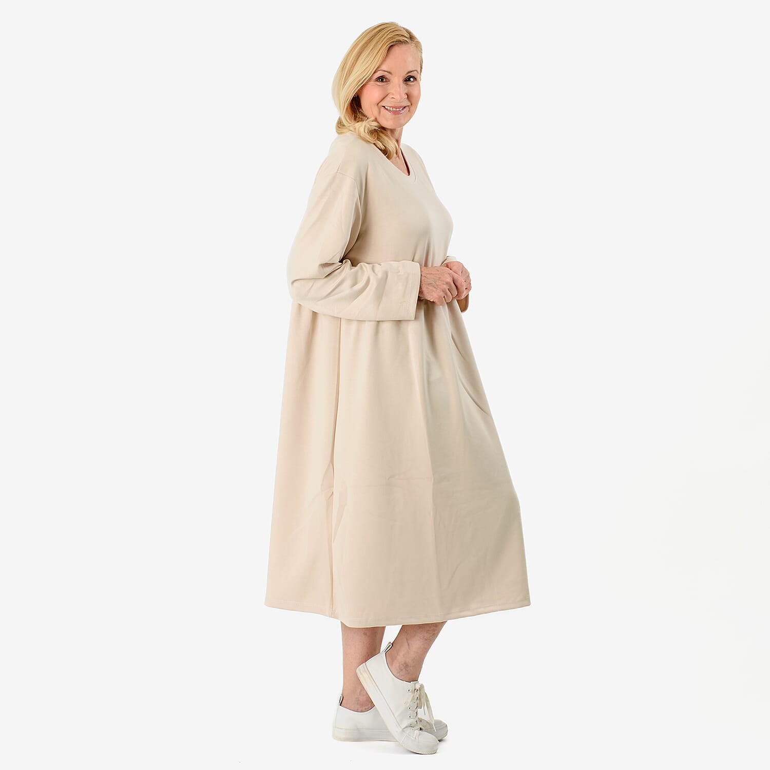 Casual Long Sleeve Sweat Smock Dress (Size - One Size 8-20) - Stone 8097718 4