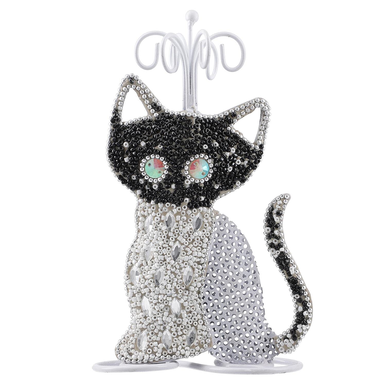 Cat Figure Iron Based Beaded Jewellery - Keyring Holder (Size 17x9x5 Cm) - Black and White 7369128 0