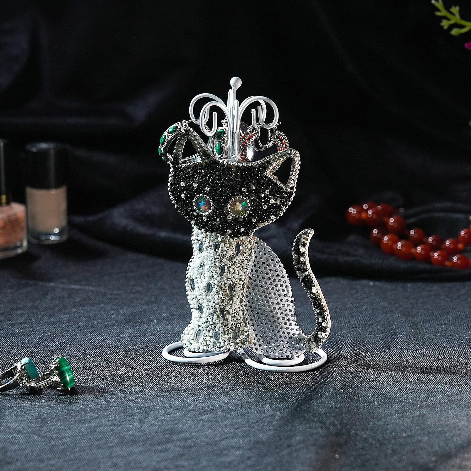 Cat Figure Iron Based Beaded Jewellery - Keyring Holder (Size 17x9x5 Cm) - Black and White 7369128 2