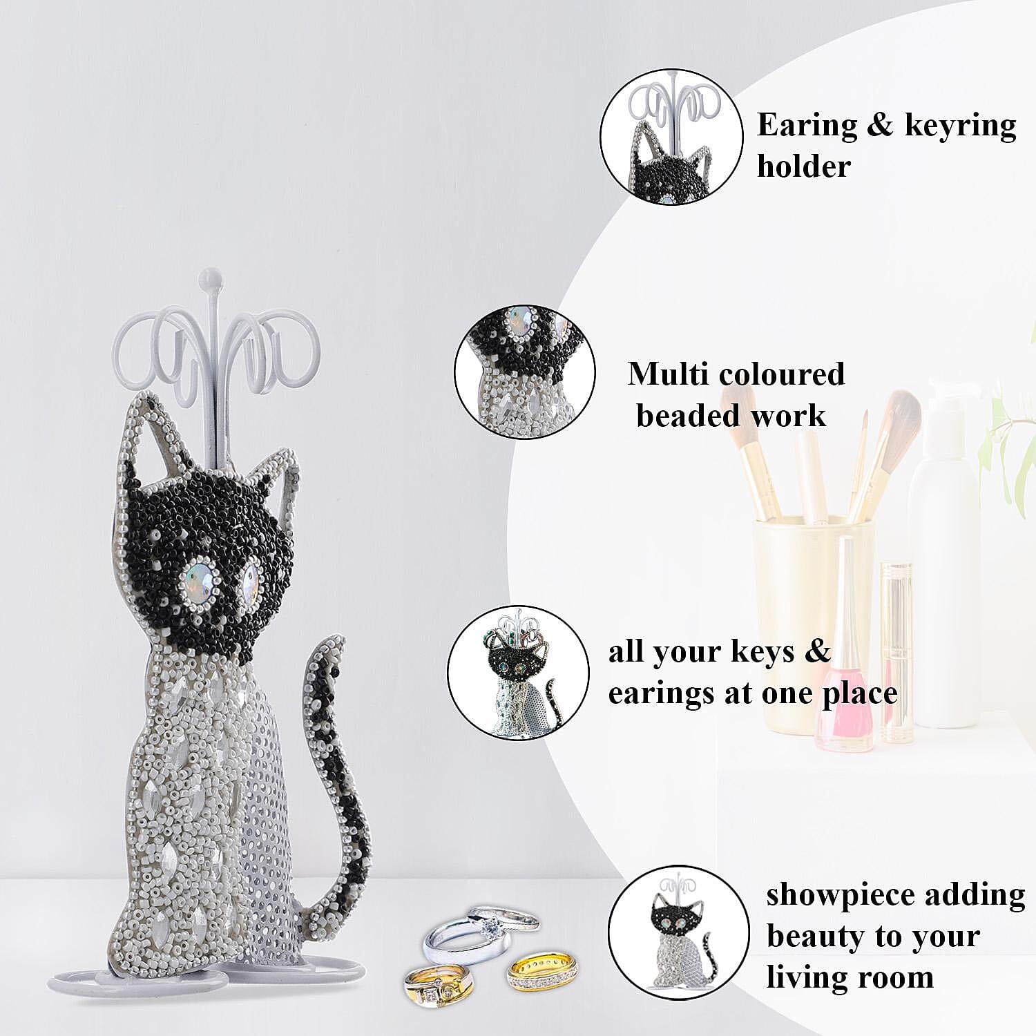 Cat Figure Iron Based Beaded Jewellery - Keyring Holder (Size 17x9x5 Cm) - Black and White 7369128 3
